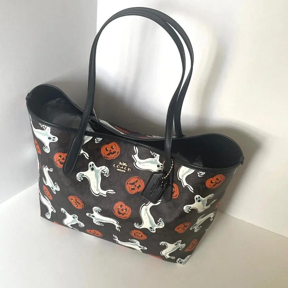 Coach City Tote Bag CCE69 Signature Canvas Halloween Ghost Print Walnut Large - Picture 4 of 10